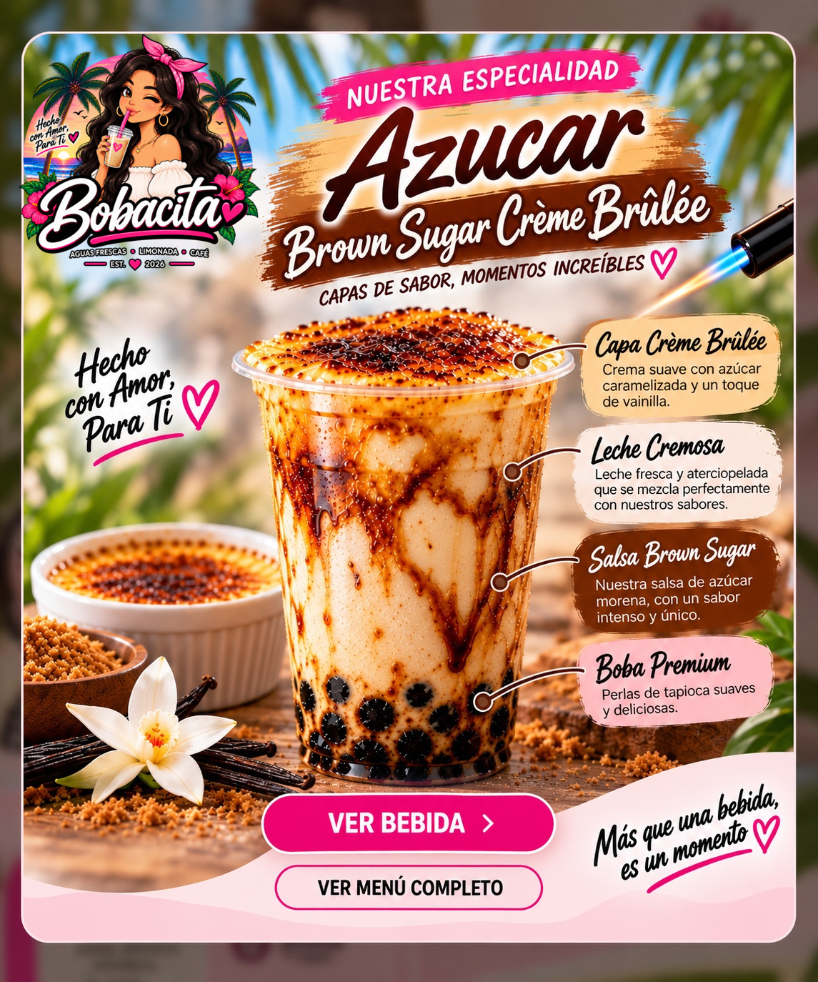 Promoción Bobacita Azúcar Brown Sugar Crème Brûlée con bebida completa, crème brûlée, azúcar morena y boba