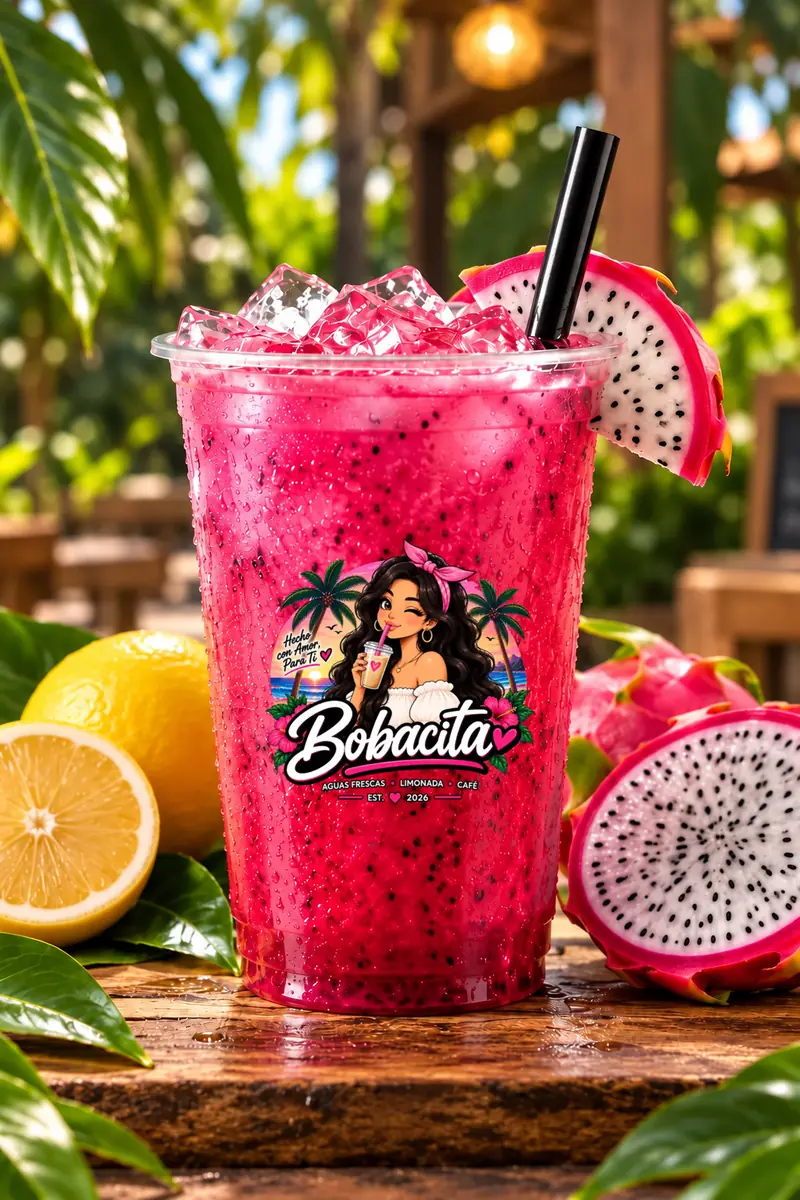Limonada de pitahaya Bobacita con hielo, limón y fruta del dragón