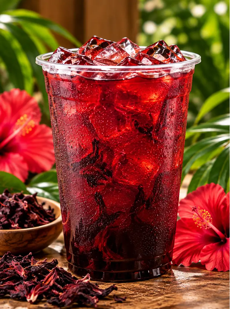 Agua de Jamaica fría con hielo y flores de jamaica