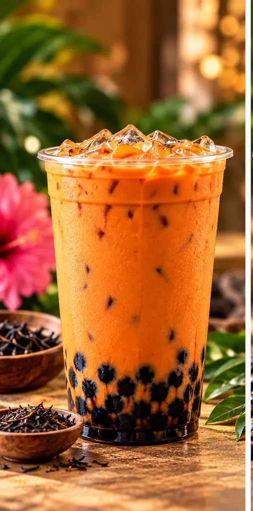 Vaso de té tailandés frío con boba