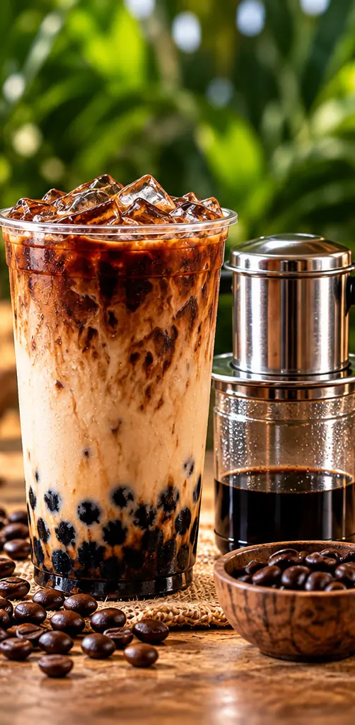 Vaso de café vietnamita frío junto a un filtro phin